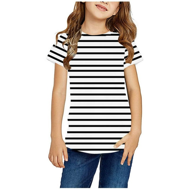 Rbaofujie Chandail à Col Rond d'Été à Manches Courtes à Rayures Contrastantes pour Réduire l'Âge, T-Shirt Décontracté Amincissant pour Filles