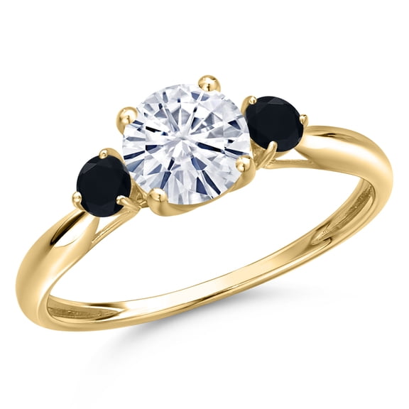 Gem Stone King 10K Yellow Gold White Moissanite and Black Onyx 3-Stone Ring for Women | 1.00 Cttw | Round 6MM | Gemstone Birthstone | Size 8