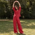 thumbnail image 6 of VBTAPA 2 Piece Outfits for Women 3/4 Sleeve V Neck Top Wide Leg Pants Matching Lounge Sets Travel Casual Outfit Set Red M, 6 of 8
