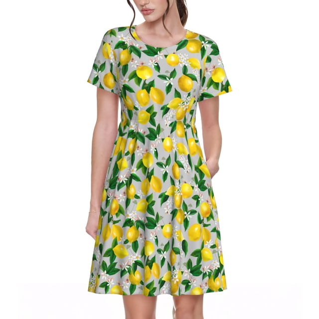 Vsdgher Lemon1 pour Femmes Été 2025 Robes Midi Décontractées Légères Manches Courtes Col Rond Robe de Plage