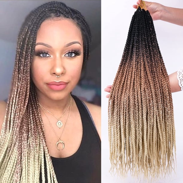 Trenzas de caja de ganchillo, 6 paquetes de 24 pulgadas, Ombre, raíces oscuras, rubio miel dorado, pre-bucle, 3 extensiones de cabello trenzado Kanekalon de fibra senegalesa de diosa, 22 hebras, 3.53