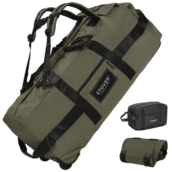 STOVER 100L Rolling Duffel Backpack with Wheels, Unisex Adult XX-Large 34 Inch Durable Travel Bag with Toiletry Bag, Green