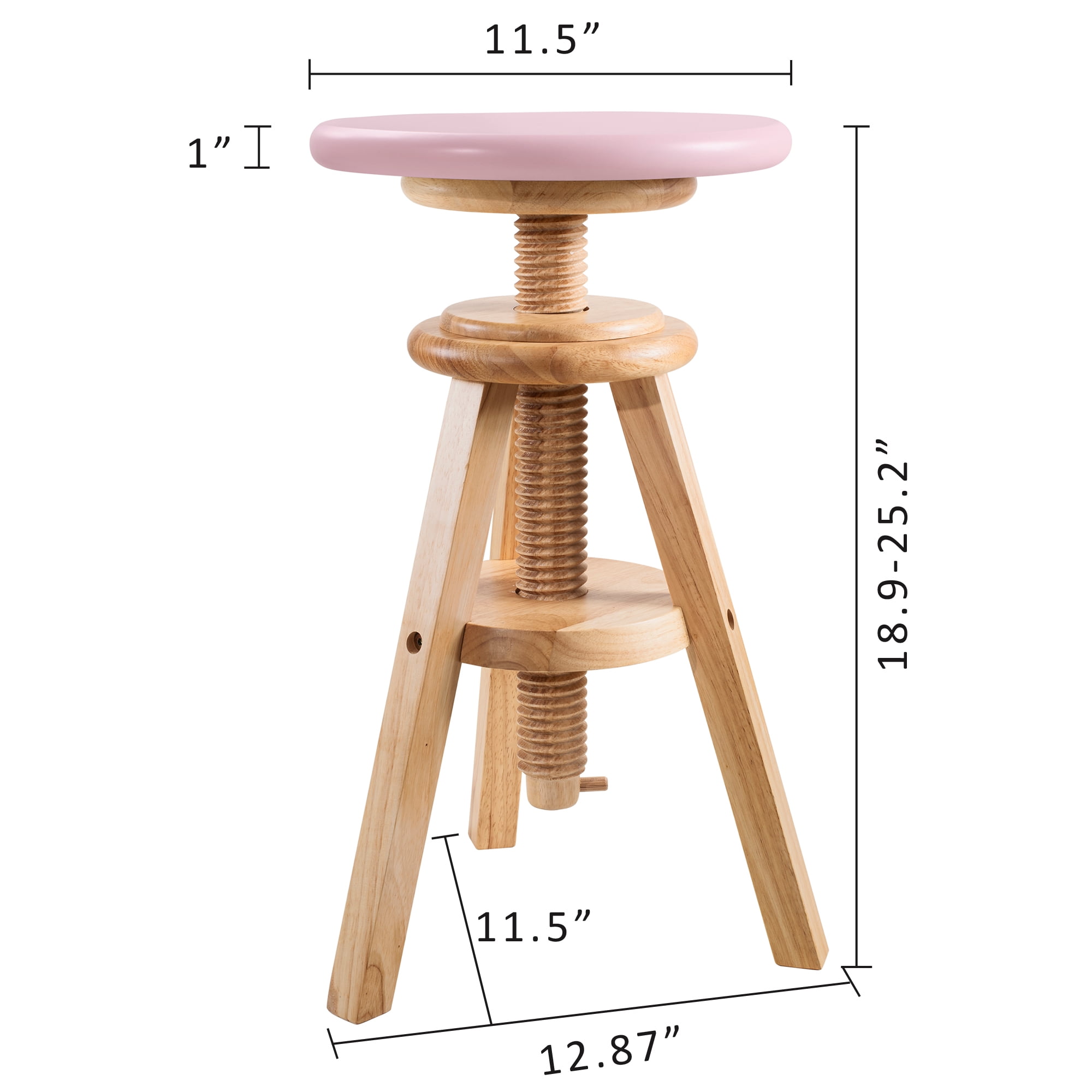 eHemco Swivel Solid Wood Adjustable Bar Stool, 18.9 to 25.2 Inches, Natural Base with Pink Top