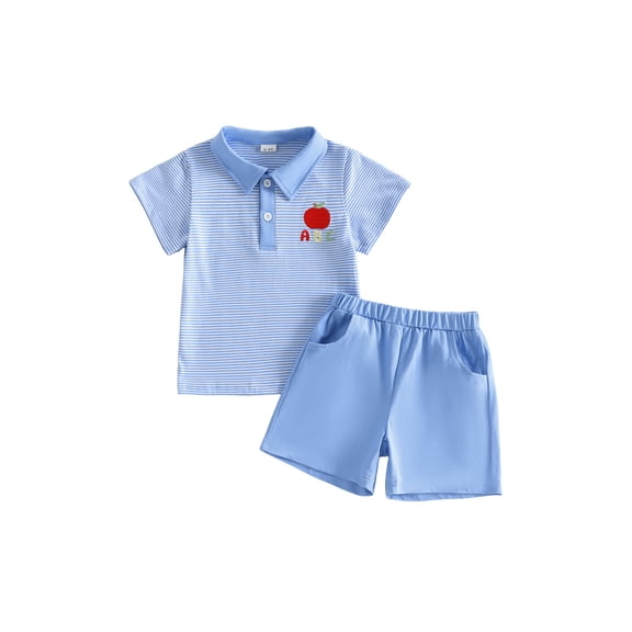Cenuakty Boys Back to School Outfits Short Sleeve Lapel Apple Letter Embroidery Striped Shirt Solid Color Shorts Set