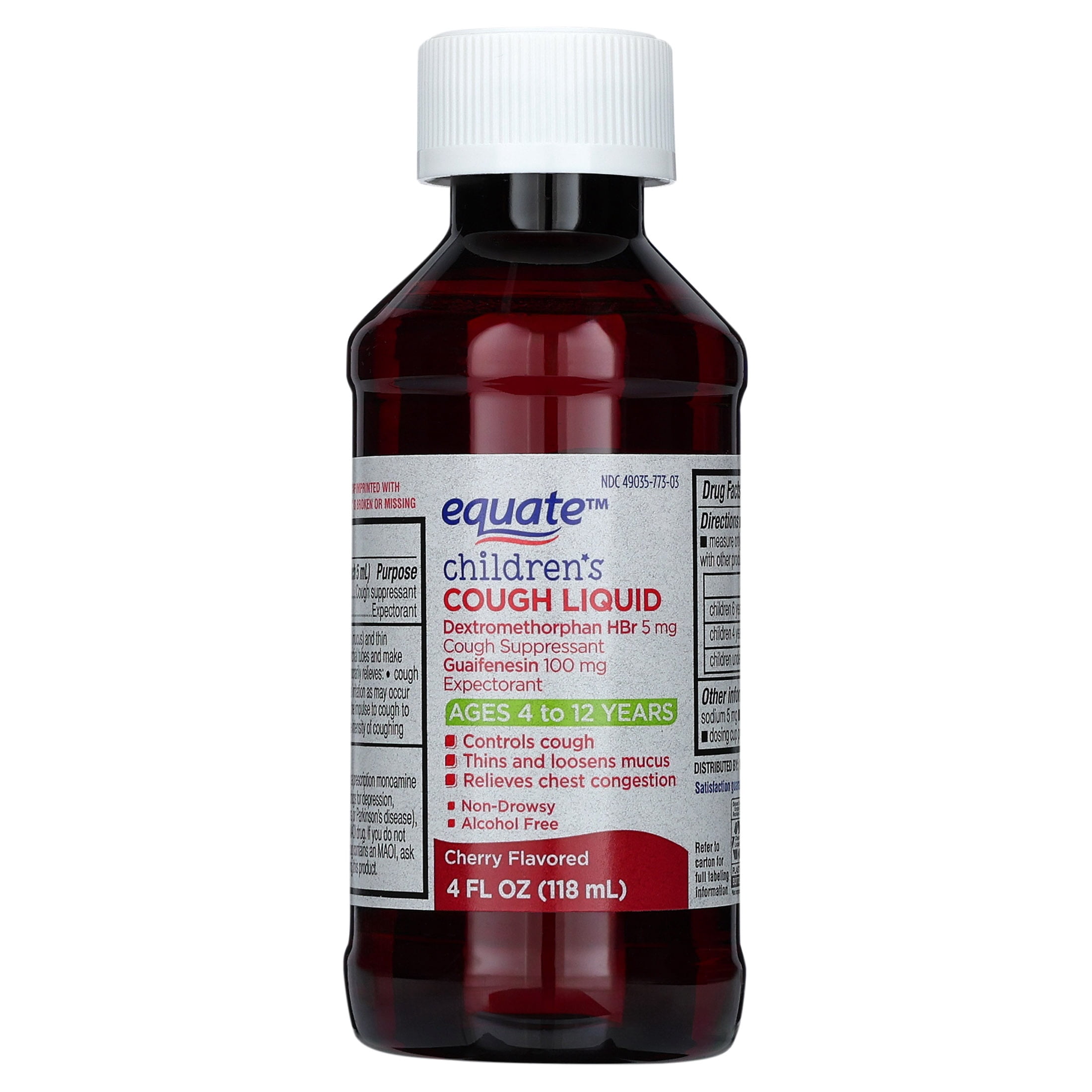 Equate Children's Cough Dextromethorphan HBr and Guaifenesin Liquid, Cherry Flavor, 4 fl oz