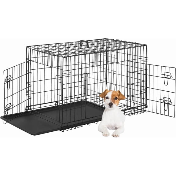 24 Inch Small Dog Crate, Double Door Folding Metal Wire Kennel with Removable Tray and Divider Panel for Puppies and Small Breeds, Black