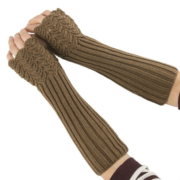 BWASD Womens Winter Fingerless Knitted Gloves Simple Solid Color Half Finger Wrist Arm Warmers With Thumb Hole Thick Warm for Cold Weather Brown