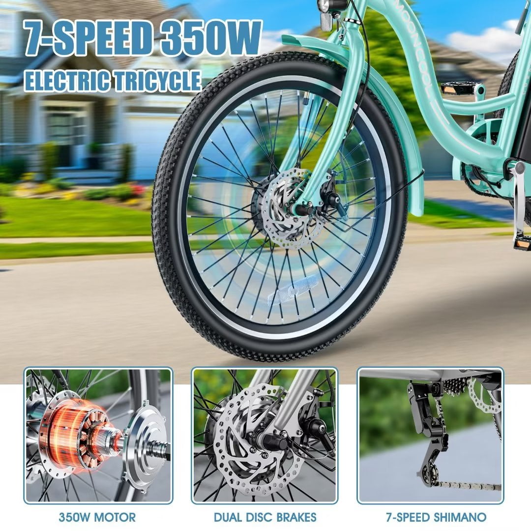 Docred 24'' Adult Electric Tricycles 3 Wheel Electric Bike, 15.5 mph 350W Electric Trikes for Seniors，7-Speed & 4 Adjustable Riding Modes Electric Tricycle with 36V Removable Lithium Battery
