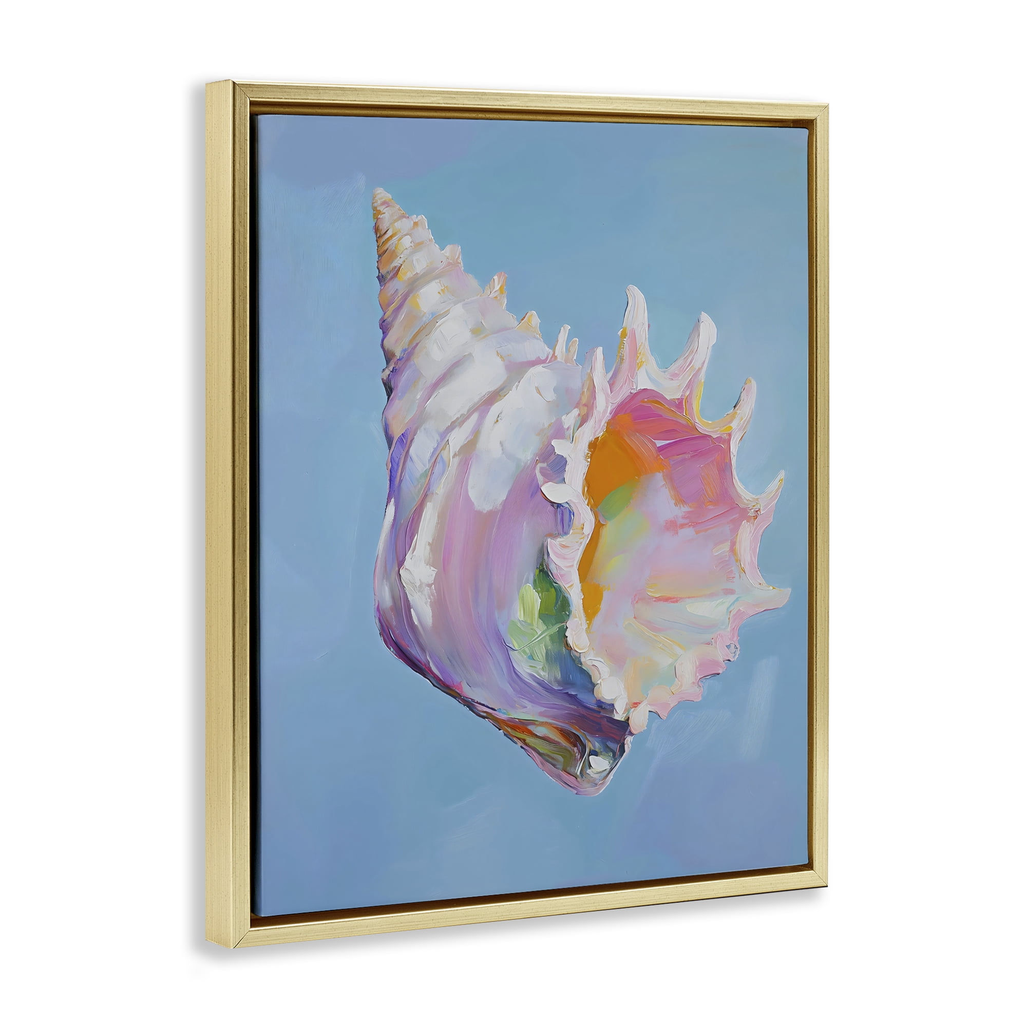 Stupell Industries Pastel Hued Conch on Blue Gold Framed Floater Canvas Wall Art, design by The Prints Vibe