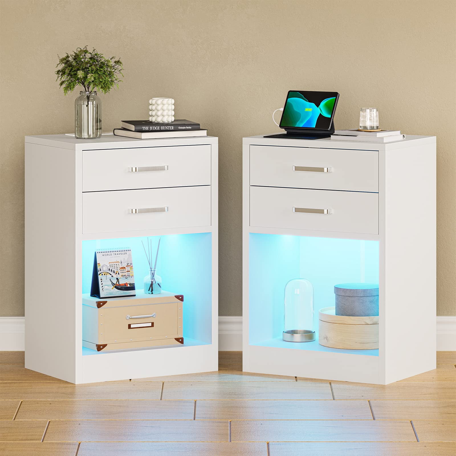 Nightstand with Charging Station and LED Lights,White Bedside Table with Power Outlets & Drawers,Modern End Side Table Set of 2 for Bedrooms