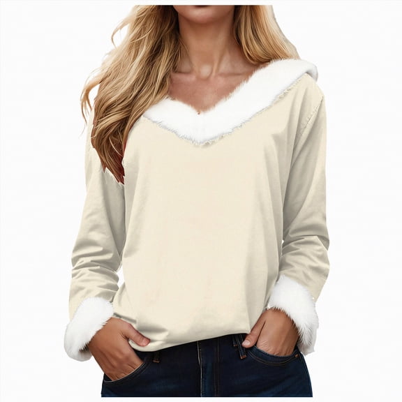 TAmten Christmas Shirts for Women Trim V Neck T-Shirt Xmas Print Long Sleeve Holiday Pullover Tee Tops(Beige,3XL)