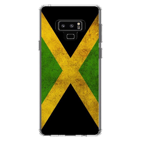 DistinctInk Clear Shockproof Hybrid Case for Samsung Galaxy Note 9 - TPU Bumper, Acrylic Back, Tempered Glass Screen Protector - Jamaica Old Flag Black Green Yellow - Jamaica