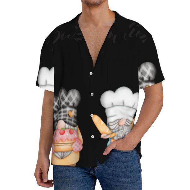 Fotbe Little Chef Gnome Camisa Estampada de Manga Corta para Hombre, Casual de Verano, Estilo Playero, Sin Arrugas-Medium