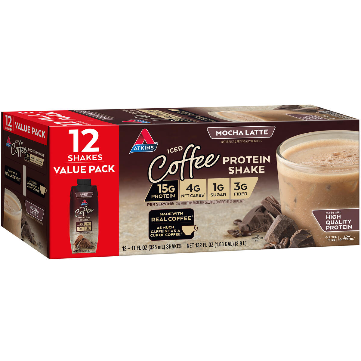 Atkins Mocha Latte Iced Coffee Protein Shake, Low Carb, Low Sugar, Keto Friendly, 12 Ct - image 2 of 9