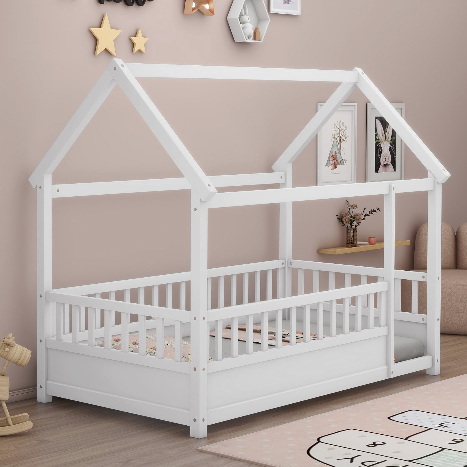 Bellemave Twin Size House Floor Bed with High Fence Guardrails Wooden Playhouse Bed Frame Twin Floor Bed with Roof Montessori House Bed Frame (Twin, White)
