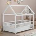 thumbnail image 2 of Bellemave Twin Size House Floor Bed with High Fence Guardrails Wooden Playhouse Bed Frame Twin Floor Bed with Roof Montessori House Bed Frame (Twin, White), 2 of 14