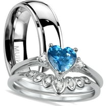 His Hers Sterling Silver CZ Heart Bridal Wedding Band Engagement Ring Set Him Her March Birthstone (7/10)