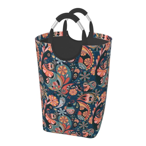XMXT Large Collapsible Laundry Hamper, Paisley Flower Print Laundry Basket with Aluminum Handle, 50L Multicolor