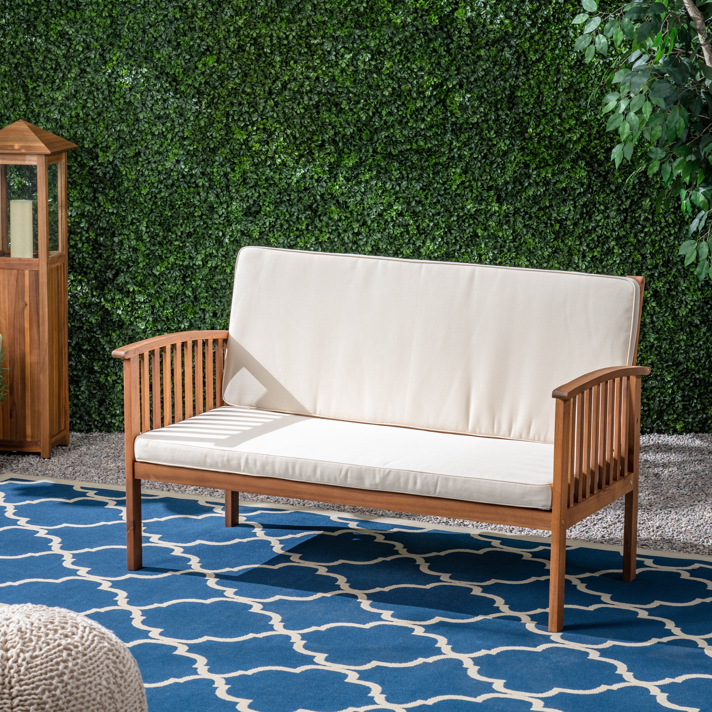 Outdoor Double Seat Loveseat Sofa, Solid Acacia Wood Frame Leisure Couch for Patio Garden, Teak and Beige