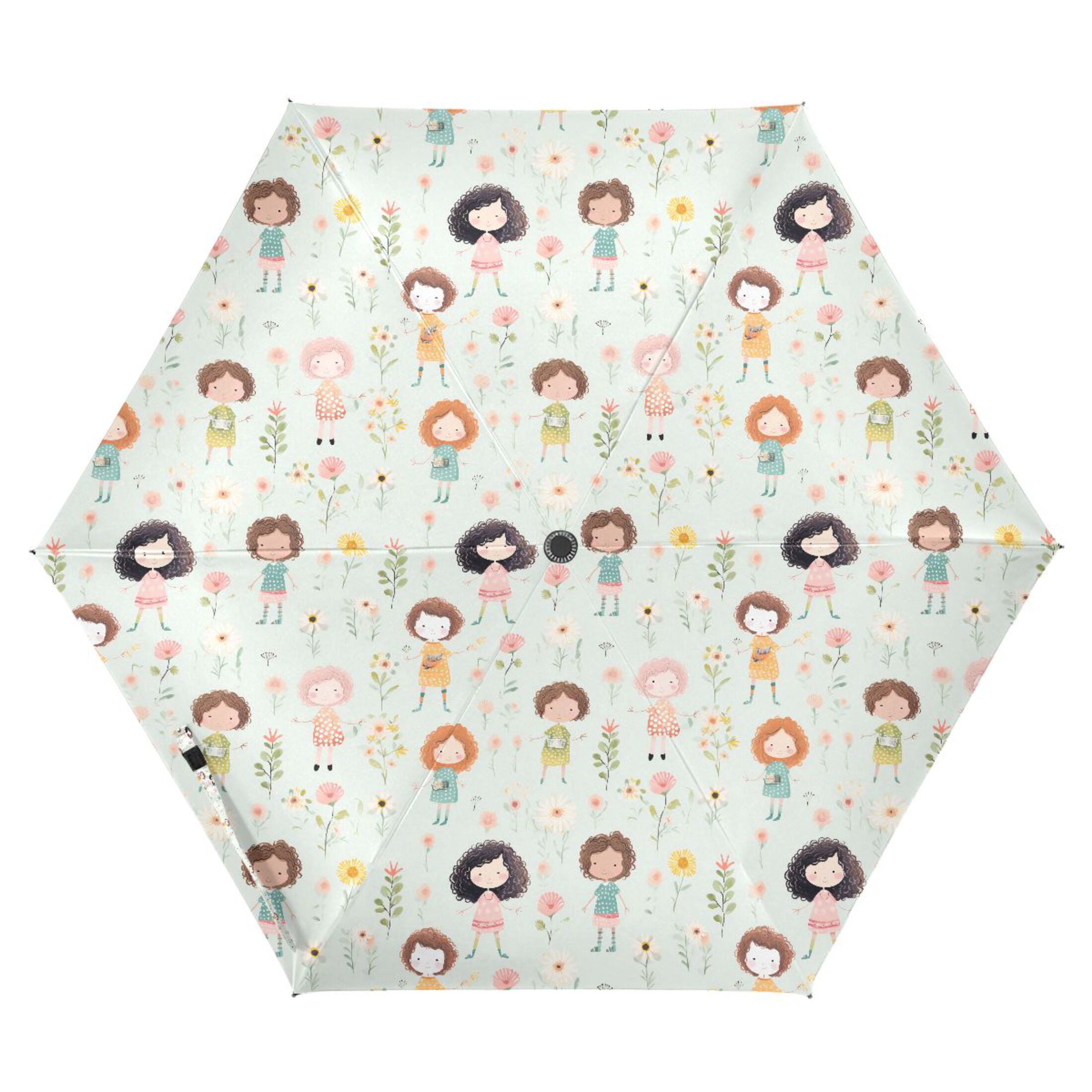 Little Girl and Flower Compact Sun Umbrella Windproof Travel Umbrellas for Rain Strong Portable UV Protection