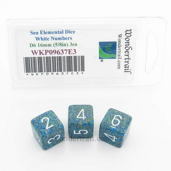 Sea Elemental Dice with White Numbers D6 16mm (5/8in) Pack of 3 Wondertrail
