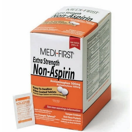 Medique Medi-First Non-Asprin Extra Strength Pain Relief Tablets, Acetaminophen 500mg (250 x 2s)-Box of 500