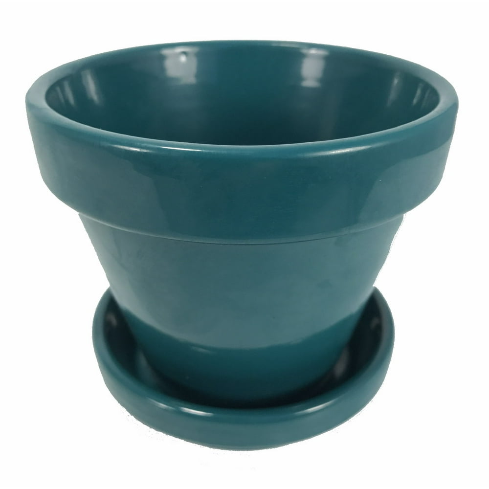 Glazed Ceramic Pot/Saucer Turquoise 4 1/2" x 3 3/4" with Felt Feet