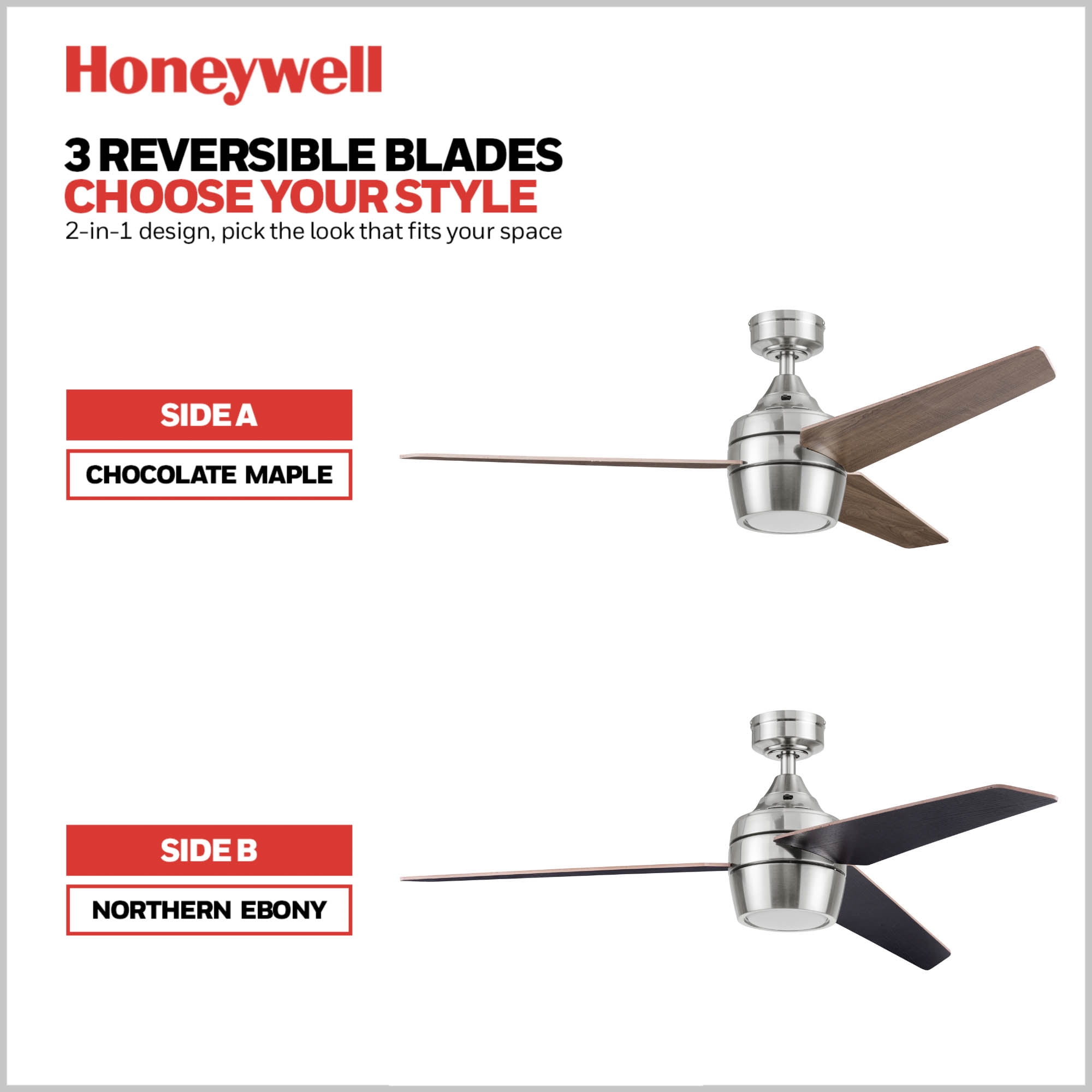 Honeywell Ceiling Fans Eamon, 52 Inch Modern Indoor LED Ceiling Fan with Light, Remote Control, Three Mounting Options, 3 Dual Finish Blades, Reversib Honeywell Eamon 52 in. Indoor Black LED Color Changing Modern
