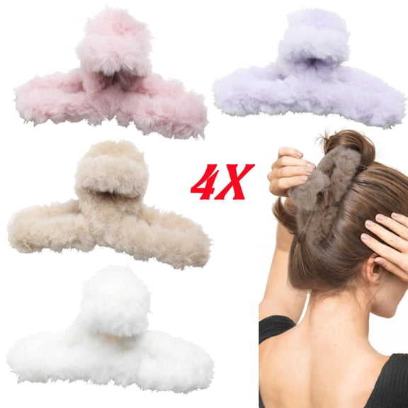 4PCS Plush Hair Clips for Women Girl Fluffy Soft Hair Claw Clips, Strong Hold Large Hairpins Stylish for Daily Use and Travel