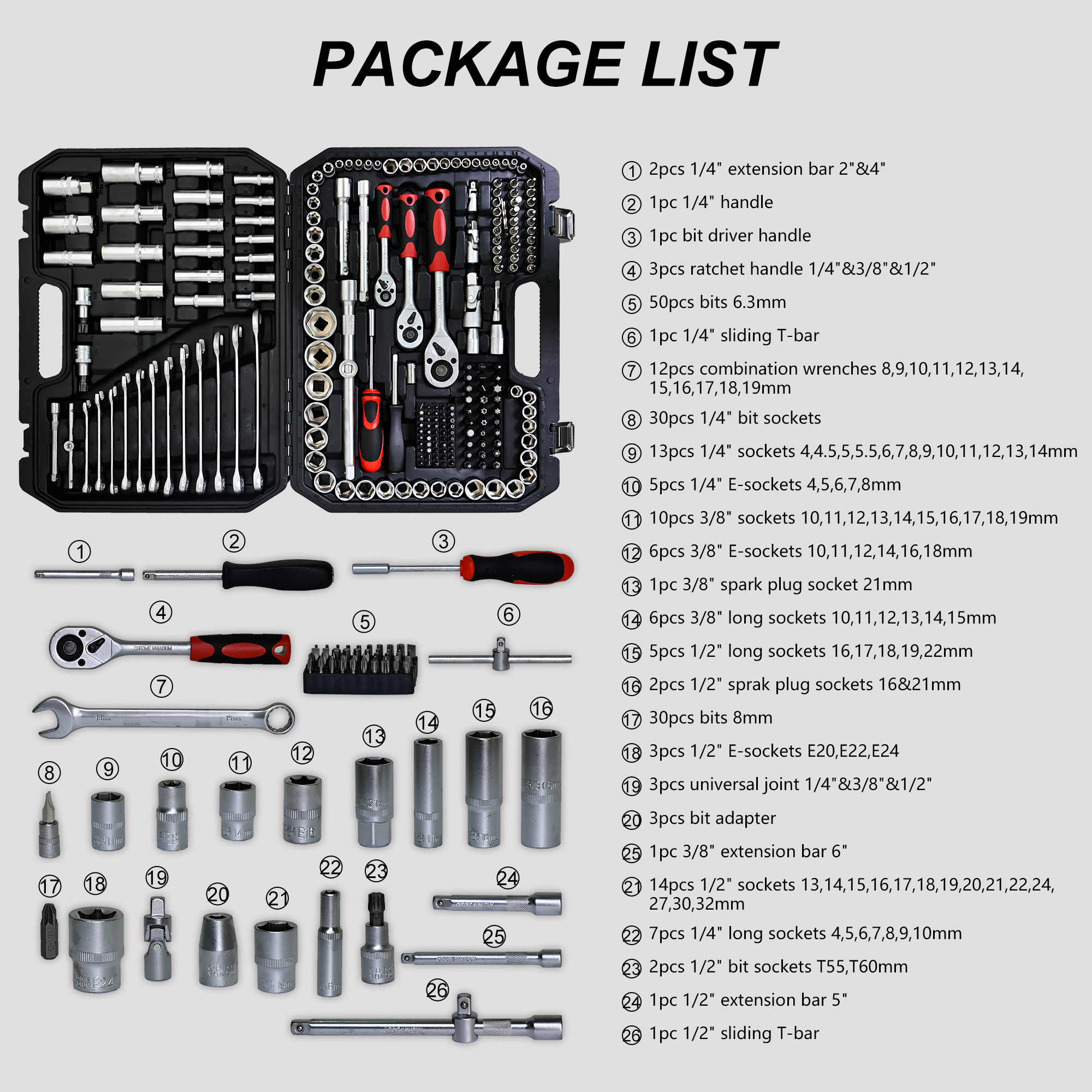 Aukfa 216-Piece Mechanics Tool Set, Socket and Ratchet Wrench, Chrome Finish