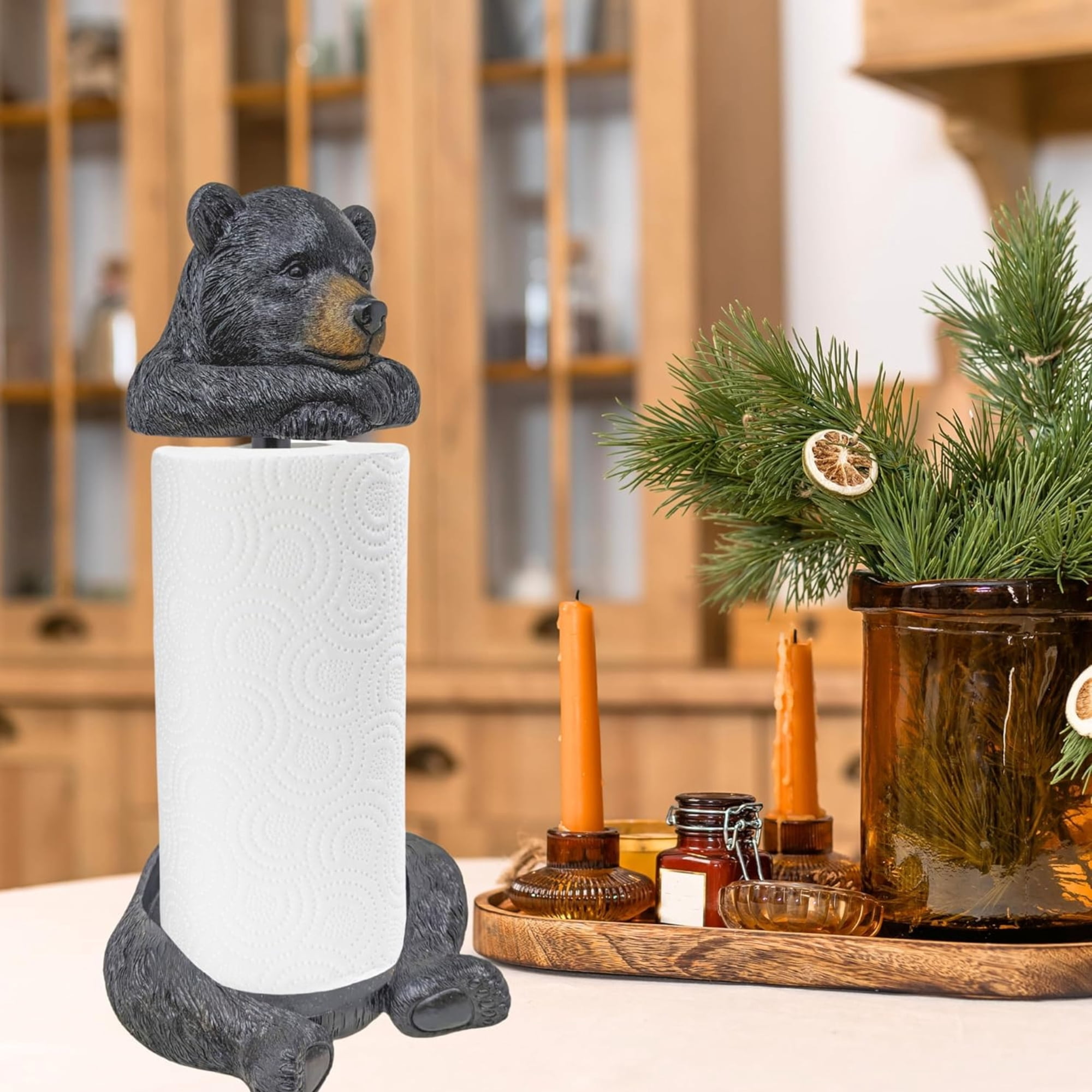 Rustic Bear Paper Towel Holder - Charming Woodland Decor for Cabin & Lodge Kitchens - Durable Resin and Metal Build, Quick Assembly, Ideal Wildlife-Themed Gift for Nature Lovers