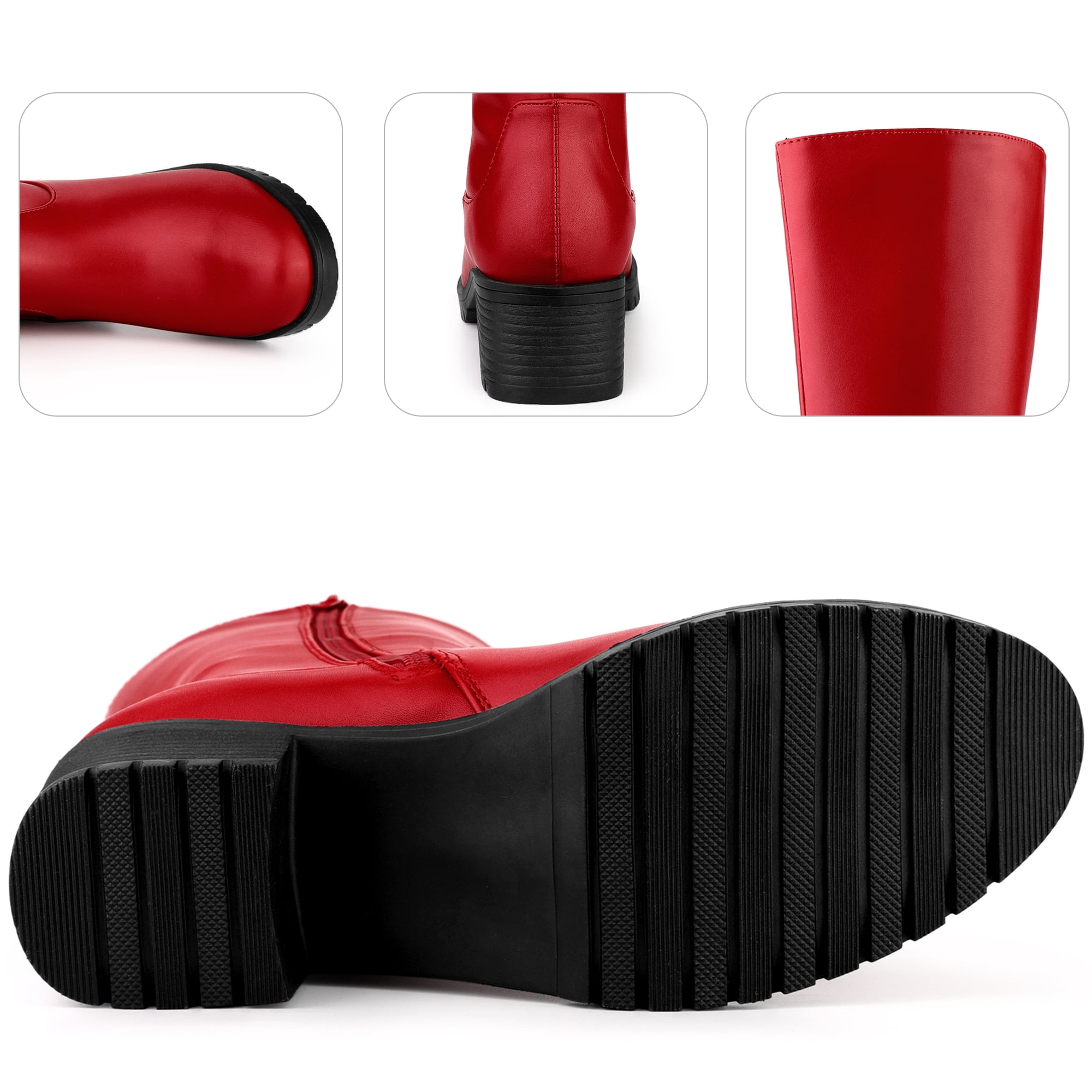 Unique Bargains Round Toe Side Zip Low Chunky Heels Mid Calf Boots for Women Red 6