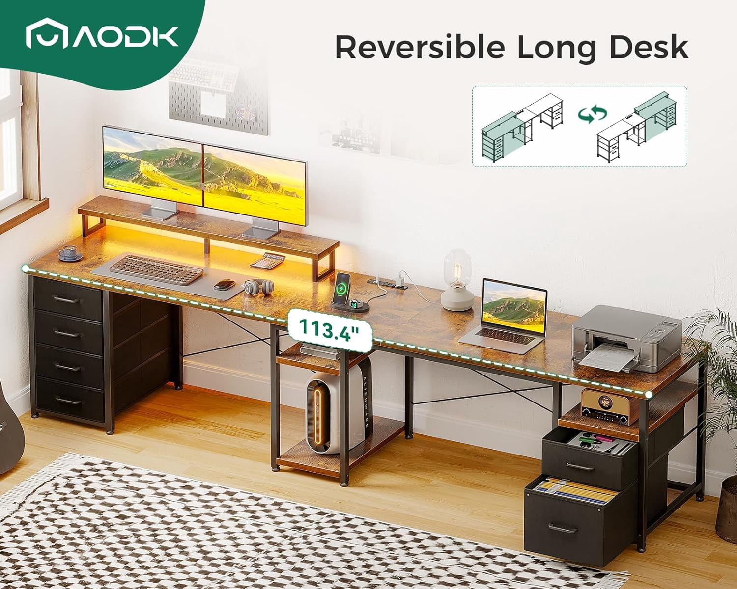 AODK 66" L Shaped Computer Desk, 113“ Reversible Home Office Desk with File Cabinet & 4 Fabric Drawers, Two Person Desk with LED Lights & Power Outlet, Corner Gaming Desk with Monitor Shelf, Vintage