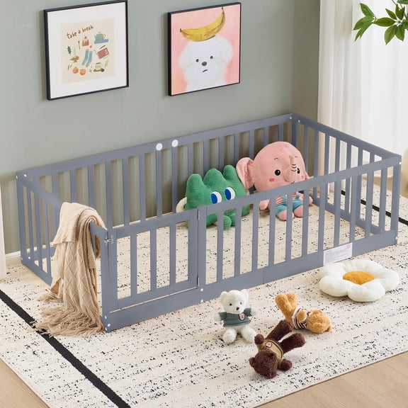 Wooden Twin Floor Bed for Kids with Safety Guardrails and Door and Slats, Kids Montessori Floor Bed Frame for Girls and Boys, Twin,Grey