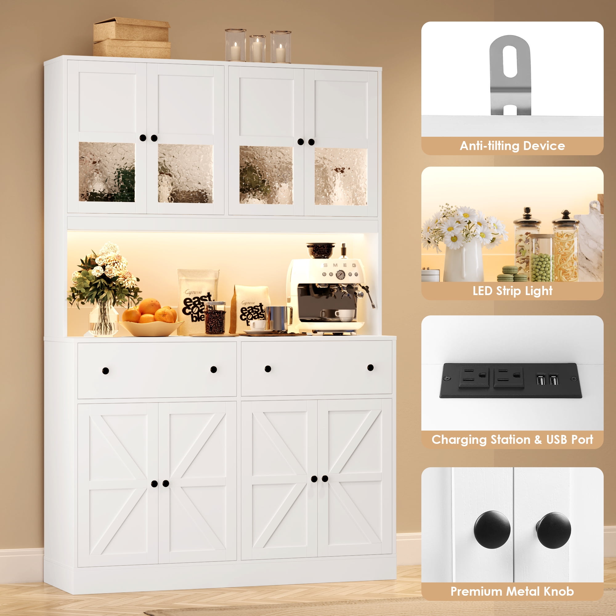 Homfa 71" Tall Kitchen Pantry Cabinet with LED Lights & Charging Station, MDF Freestanding Storage Cupboard with 8 Doors 2 Drawers, Buffet Cabinet with Storage for Dining Living Room, White