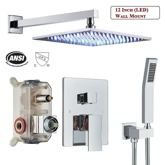 Zovajonia Chrome Shower Faucet Set System Rainfall Shower Head Combo with Mixer Valve Kit