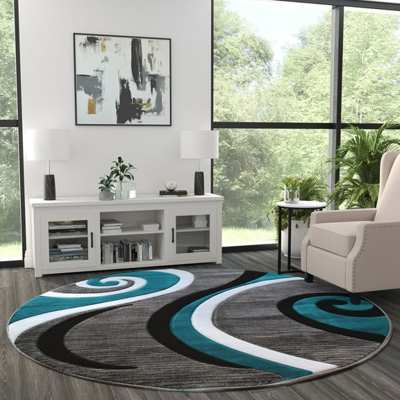 Masada Rugs High Quality Hand Carved Round Area Rug Modern Contemporary Turquoise Grey White Black (8 Feet X 8 Feet) Round