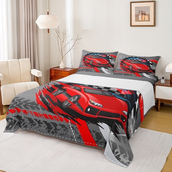 Manfei Sport Race Twin Sheet Sets, Red Automobile Bed Sheets Twin, Teenager Boys Girls Bedding Sets Twin Size, Super Cozy Room Decorative, 3 Pieces