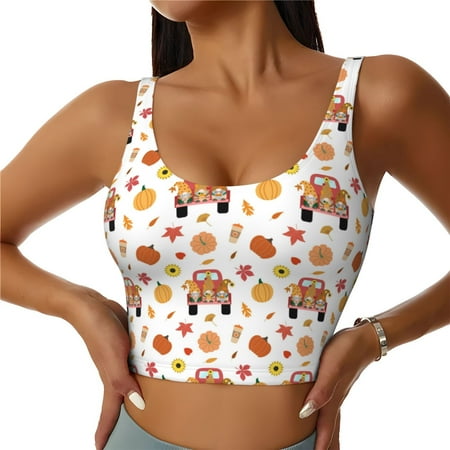 Cauagu Cute Gnomes In Red Truck Pattern Sports Bras for Women Round Neck Sports Bra Workout Crop Tank Tops Padded with Built in Shelf-X-Large