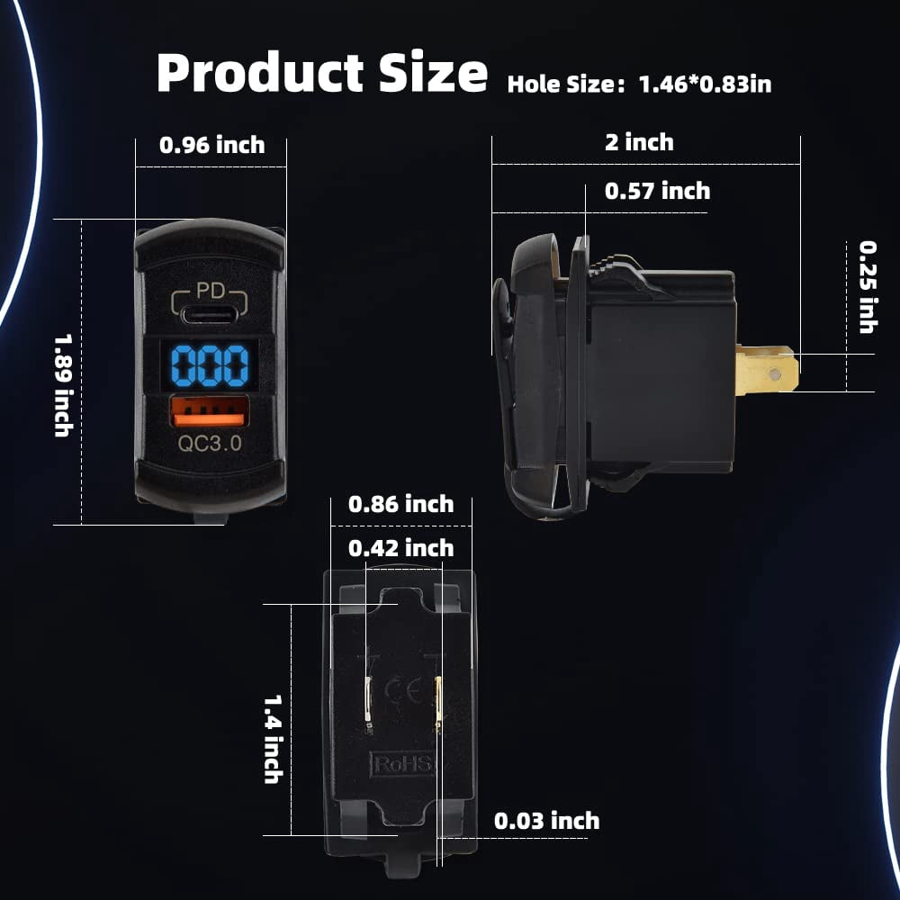 USB Rocker Switch USB C Charger Socket with Waterproof Cover Dual PD and QC3.0 12V/24V Blue Led Voltmeter for Rocker Type Marine Switch Panel On Marine Rv Vehicles…