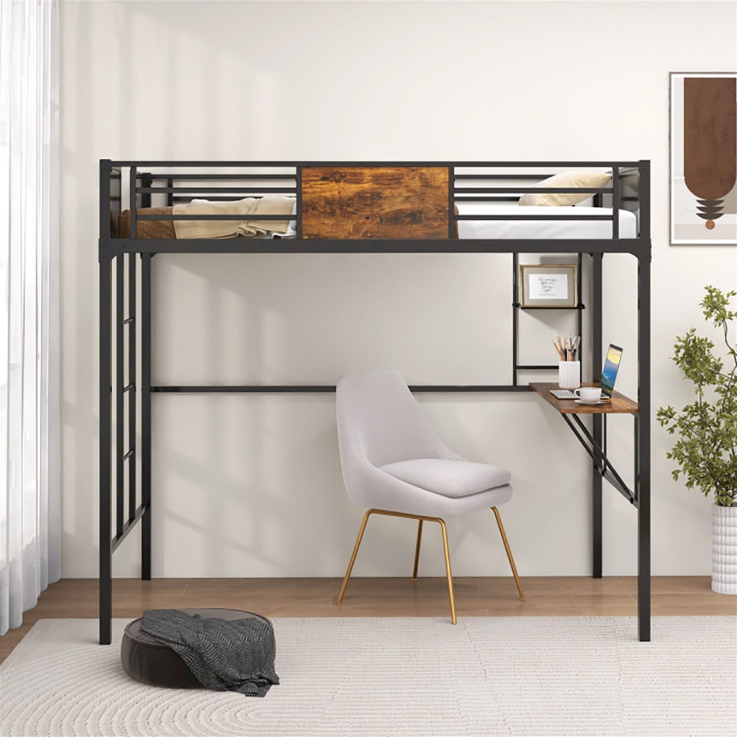 Demi Bonn Twin Size Industrial Metal Loft Bed with Desk Storage Shelf and Build-in Ladder for Teens, Black