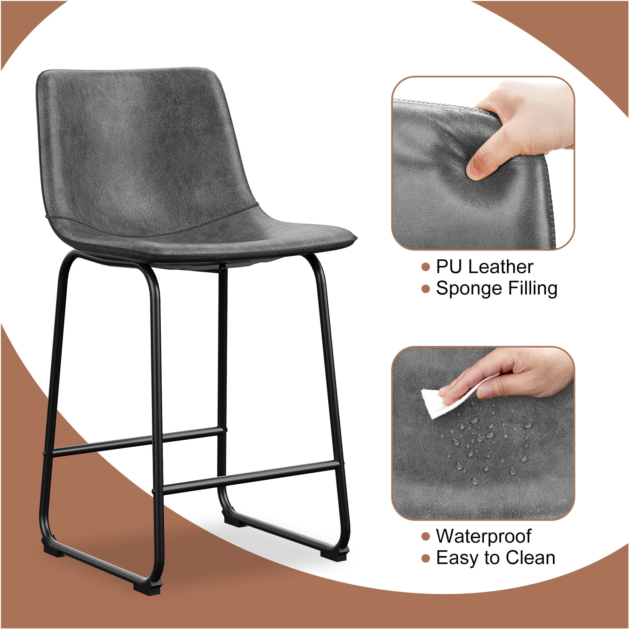 LainTene 26" PU Leather Bar Stools Set of 2 – Modern Counter Height Stools with Back, Footrest & Sturdy Metal Legs for Kitchen, Bar, Living Room, Gray