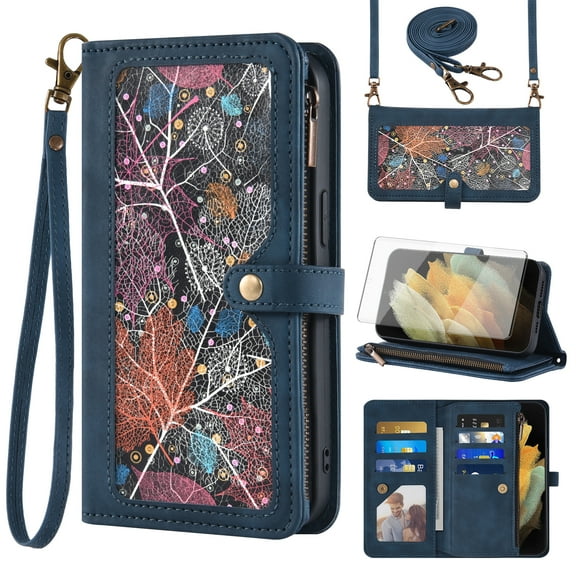 Asuwish Phone Case for Samsung Galaxy S21 Ultra 5G Wallet Cover With Tempered Glass Screen Protector Crossbody Wrist Strap Flip Pattern Zipper Card Holder Cell S21ultra 21S S 21 21ultra G5 Women Blue