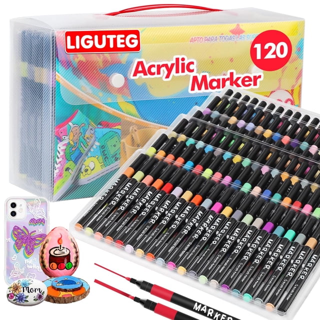 Plumones Marcadores Acrílicos de Punta Pincel - Acrylic Markers No Tóxicos para Niños y Adultos con Estuche de PVC | Para Dibujar en Lienzo, Papel, Vidrio y Madera (Ne