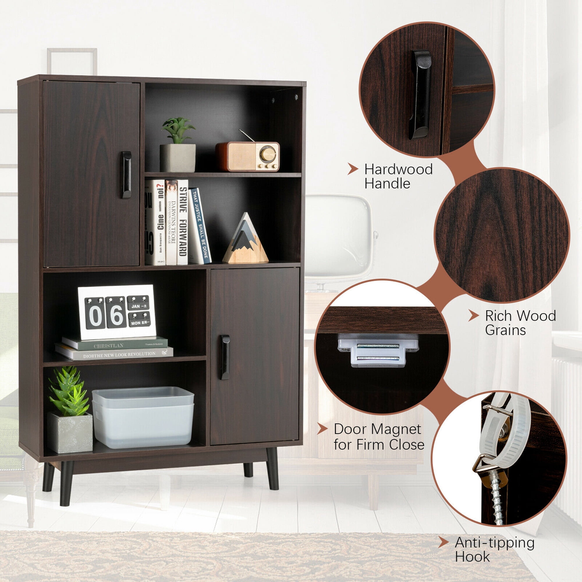 Gymax Wood Storage Cabinet with 2 Doors, Brown