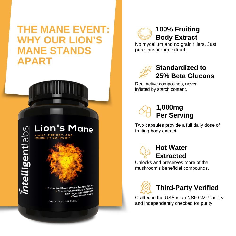 Intelligent Labs Lion's Mane Mushroom Extract 1,000mg | 100% Fruiting Body | 25% Beta-Glucans Nootropic | 120 Capsules (60-days Supply)