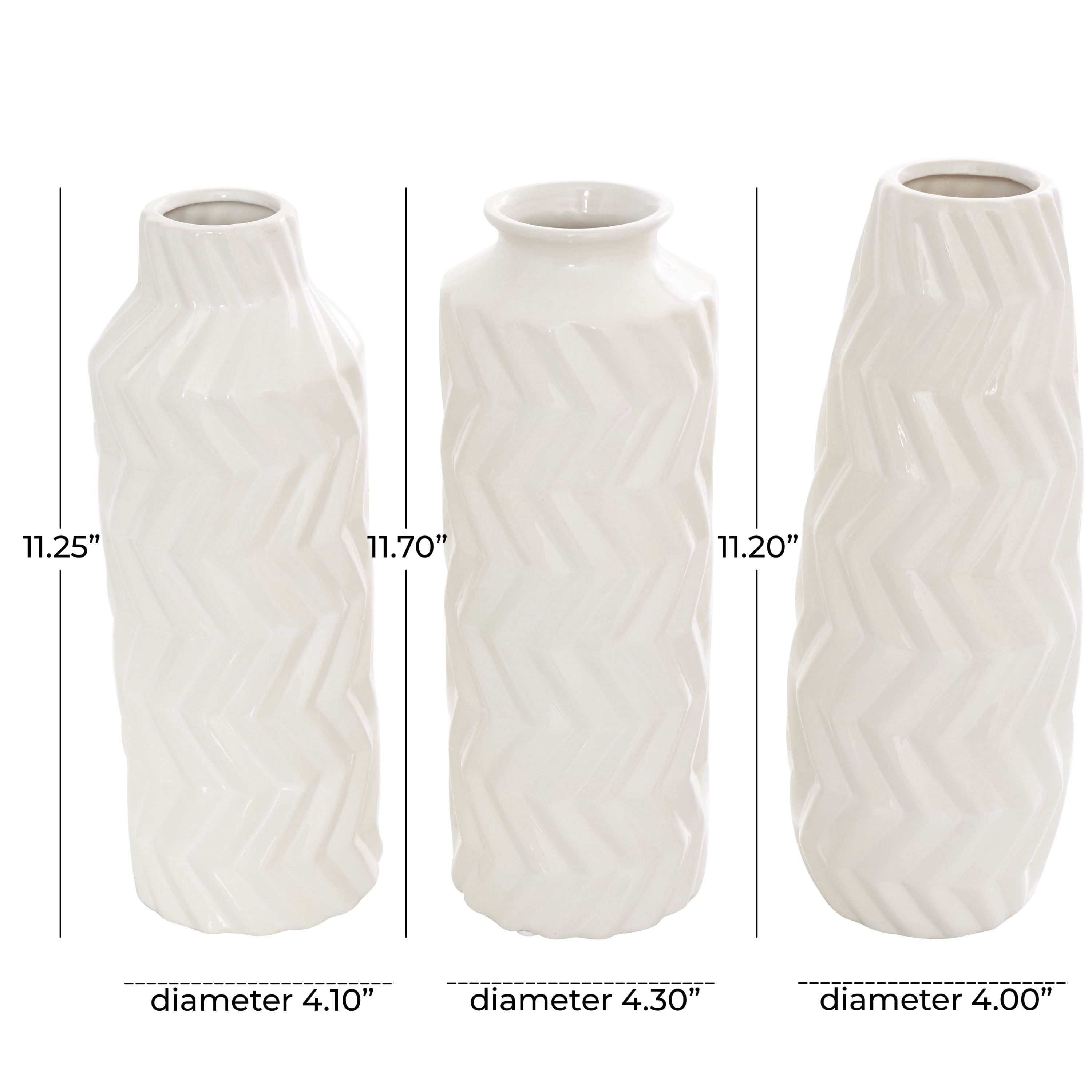 DecMode 4"W, 11"H Dimensional Chevron Textured White Ceramic Vase with Varying Shapes, Set of 3