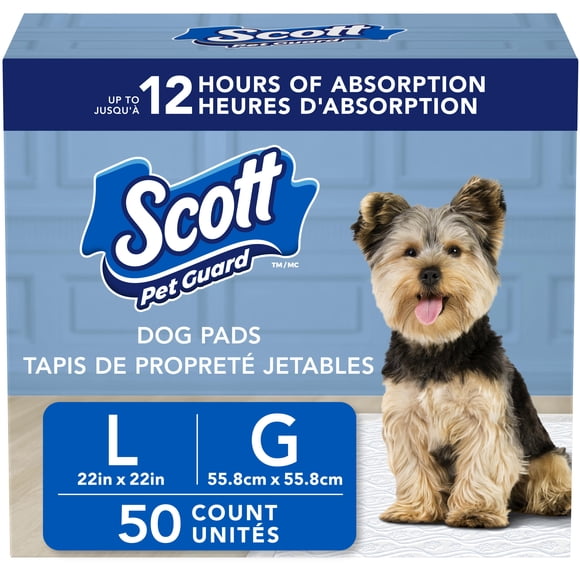 Scott Pet Guard Dog Pads - Dog Training Pee Pads for Puppies, Medium & Large Dogs - Up to 12 Hour Absorbent odour Control - Easily Disposable Dog Pee Pads - Size Large - 22" x 22" - 50 pack