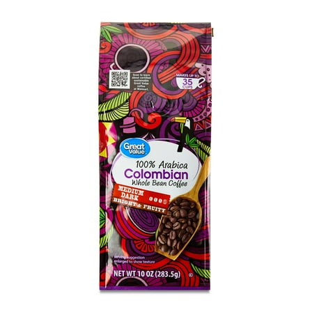 Great Value Colombian Whole Bean Coffee, Medium Dark Roast, 10 oz