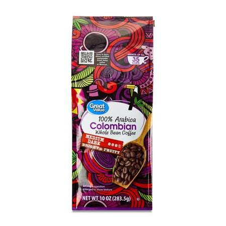Great Value Colombian Whole Bean Coffee, Medium Dark Roast, 10 oz